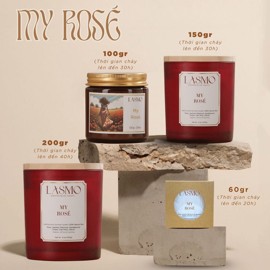  Nến Thơm Quà Tặng Cao Cấp Lasmo My Rosé 200gr - Hương Thơm Thư Giãn Giúp Ngủ Ngon 