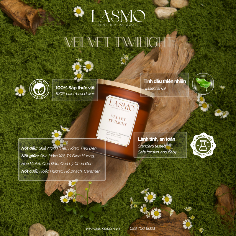  Nến thơm LASMO Velvet Twilight mùi Tiêu đen & Hổ phách 8oz 200gr - nến thơm tinh dầu thiên nhiên 