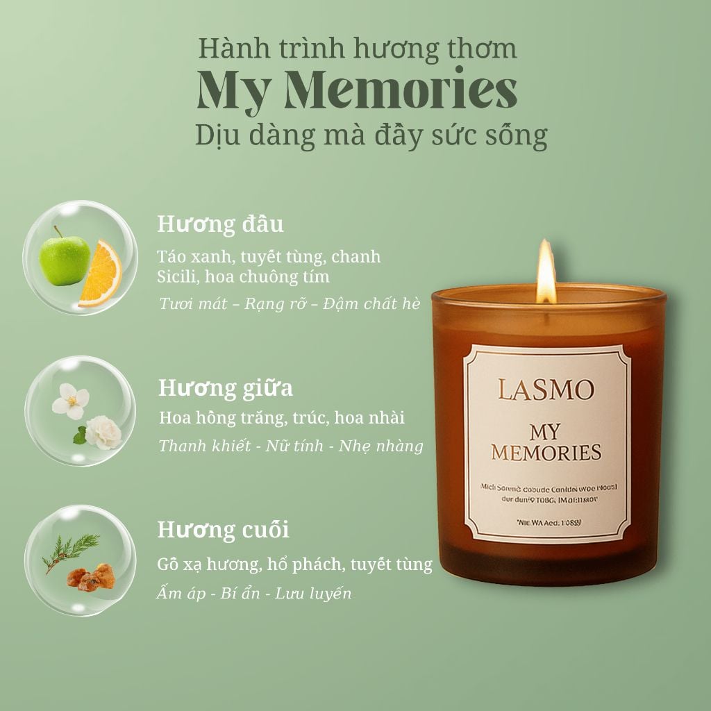  Nến Thơm Quà Tặng Cao Cấp Lasmo My Memories 200gr - Hương Thơm Thư Giãn Giúp Ngủ Ngon 