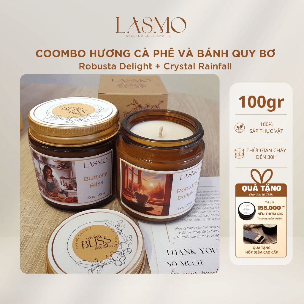  Combo 2 Nến Thơm Thư Giãn Lasmo Hương Cà Phê Robusta và Bánh Quy Bơ 100gr Dành Cho Phòng Vừa Và Nhỏ 